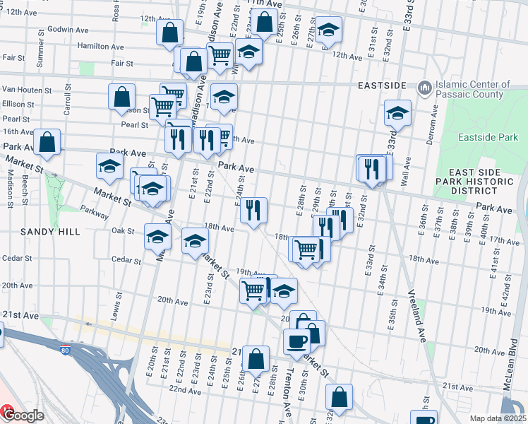 map of restaurants, bars, coffee shops, grocery stores, and more near 196 17th Avenue in Paterson