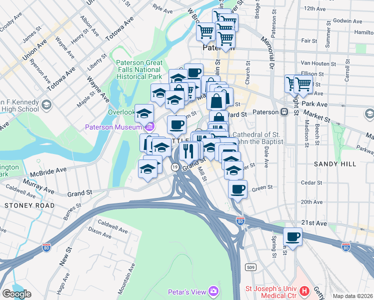 map of restaurants, bars, coffee shops, grocery stores, and more near 107 Mill Street in Paterson