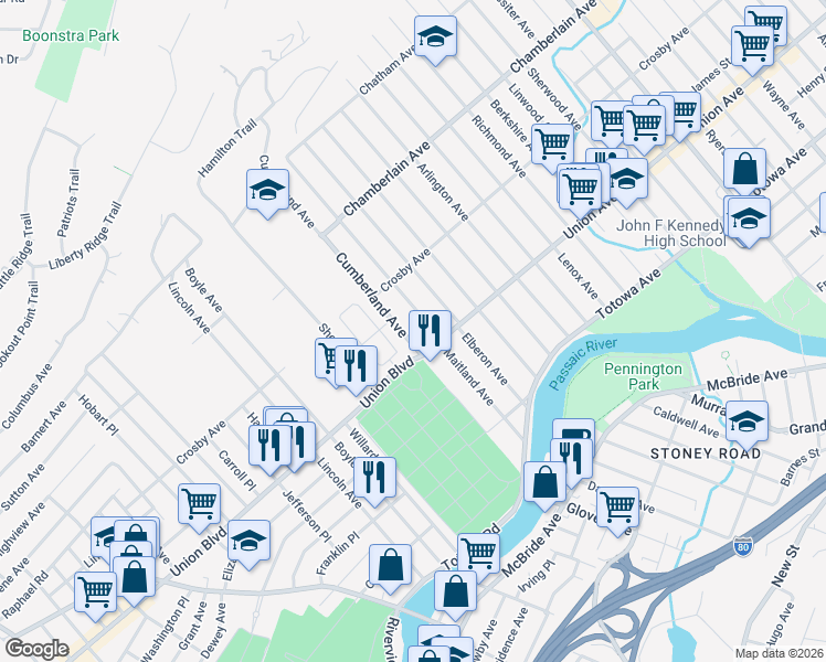map of restaurants, bars, coffee shops, grocery stores, and more near 145 Maitland Avenue in Paterson