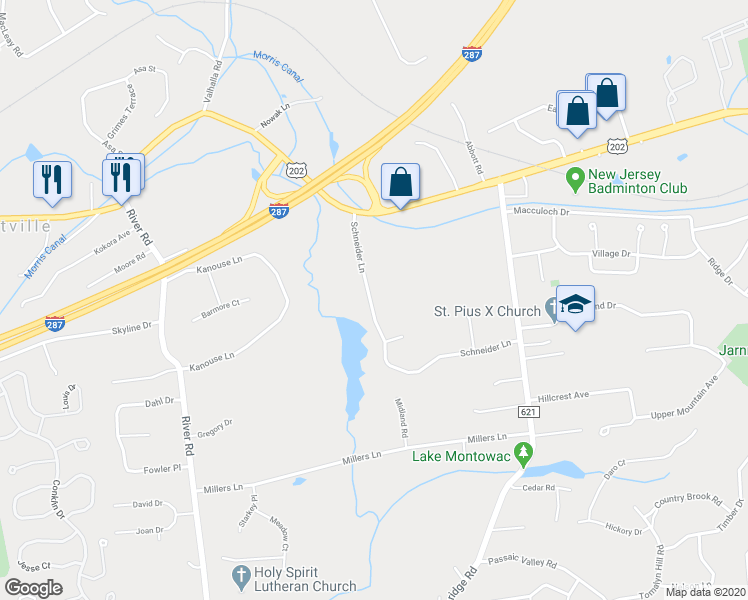 map of restaurants, bars, coffee shops, grocery stores, and more near 19 Schneider Lane in Montville