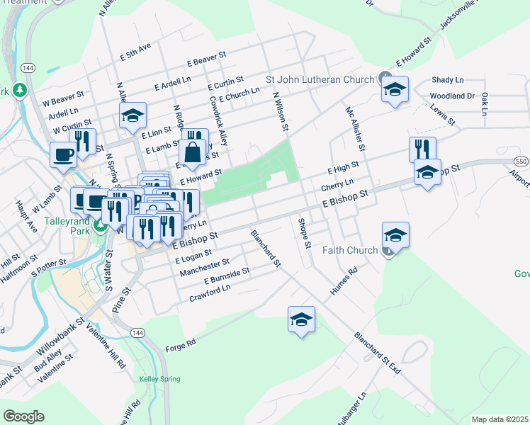 map of restaurants, bars, coffee shops, grocery stores, and more near 122-124 Badger Avenue in Bellefonte
