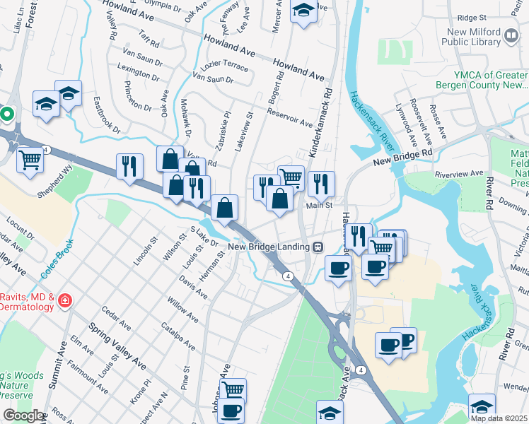 map of restaurants, bars, coffee shops, grocery stores, and more near 1021 Main Street in River Edge
