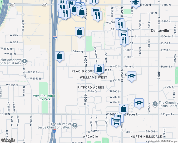 map of restaurants, bars, coffee shops, grocery stores, and more near 361 Williams Lane in Centerville