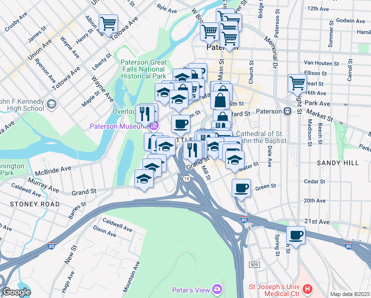 map of restaurants, bars, coffee shops, grocery stores, and more near 67 Jersey Street in Paterson