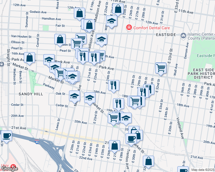 map of restaurants, bars, coffee shops, grocery stores, and more near 794 East 25th Street in Paterson