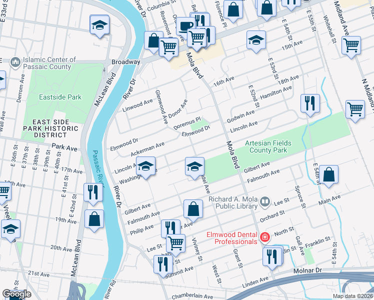 map of restaurants, bars, coffee shops, grocery stores, and more near 134 Lincoln Avenue in Elmwood Park