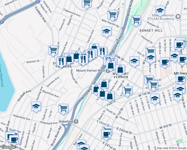 map of restaurants, bars, coffee shops, grocery stores, and more near 365 Bronx River Road in Yonkers