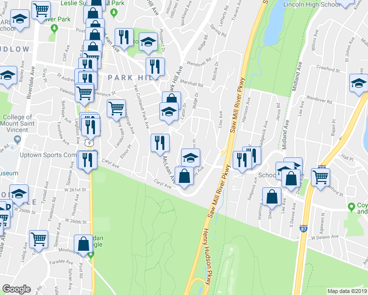 map of restaurants, bars, coffee shops, grocery stores, and more near 90 Courter Avenue in Yonkers