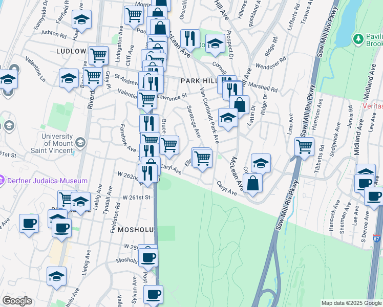 map of restaurants, bars, coffee shops, grocery stores, and more near 20 Elinor Place in Yonkers