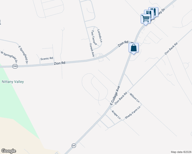 map of restaurants, bars, coffee shops, grocery stores, and more near 183 Meadow Lane in Bellefonte