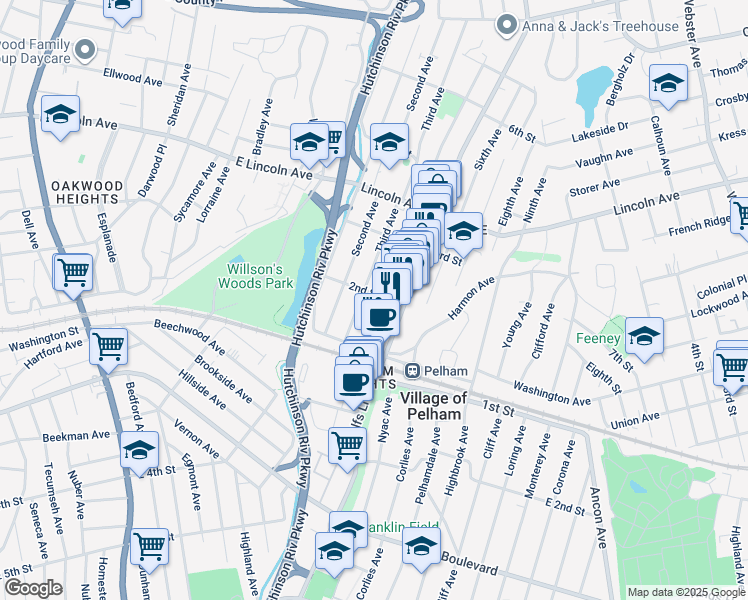 map of restaurants, bars, coffee shops, grocery stores, and more near 70 2nd Street in Village of Pelham