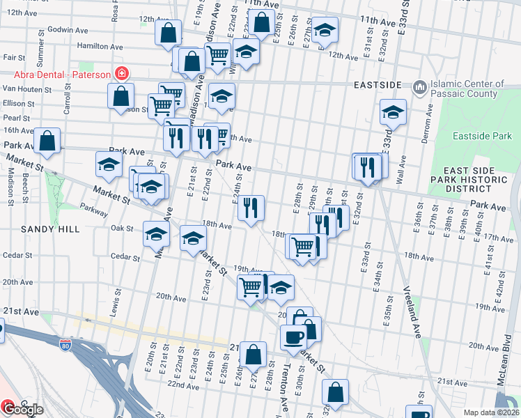map of restaurants, bars, coffee shops, grocery stores, and more near 196 17th Avenue in Paterson