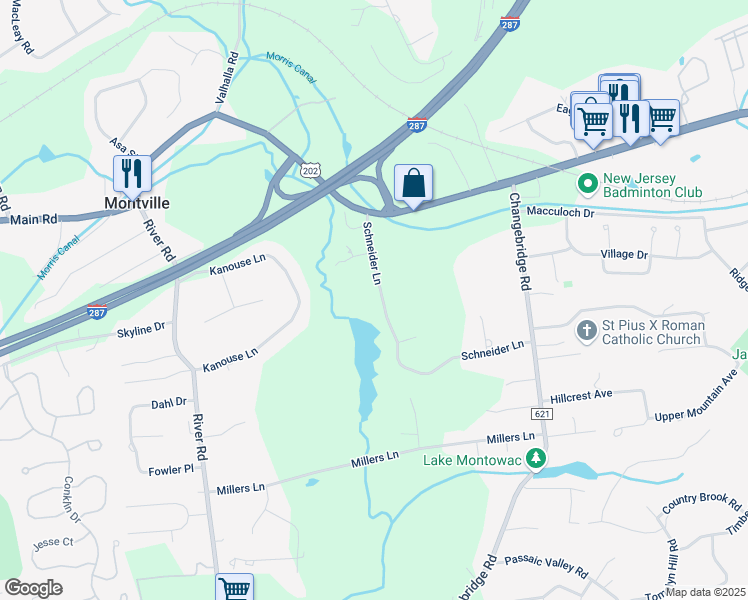 map of restaurants, bars, coffee shops, grocery stores, and more near 19 Schneider Lane in Montville