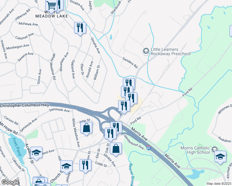 map of restaurants, bars, coffee shops, grocery stores, and more near 15 Green Pond Road in Rockaway
