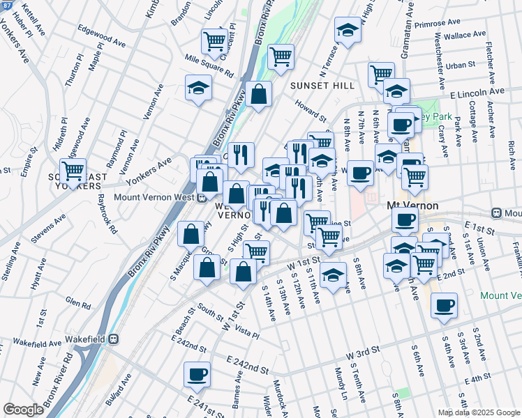 map of restaurants, bars, coffee shops, grocery stores, and more near 17 North High Street in Mount Vernon