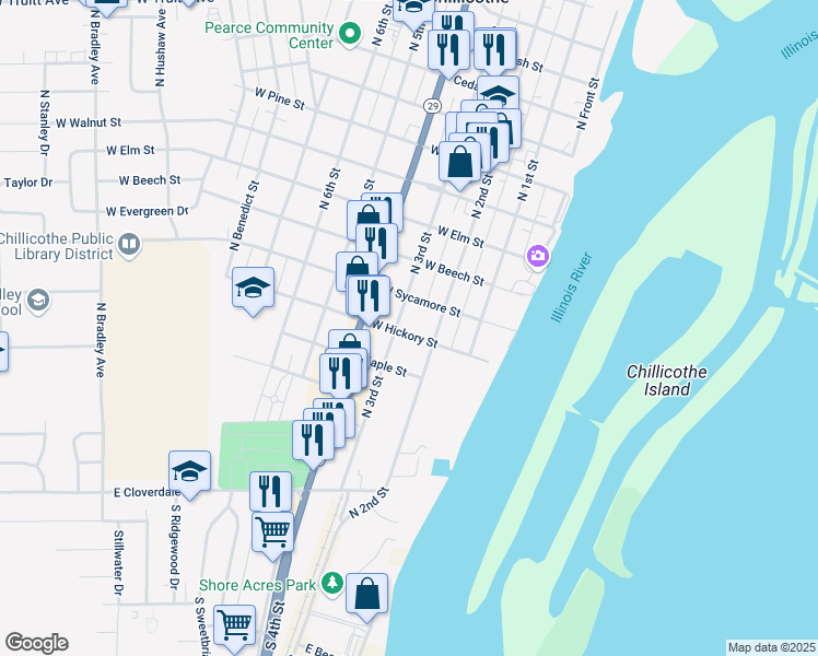 map of restaurants, bars, coffee shops, grocery stores, and more near 219 W Hickory St in Chillicothe