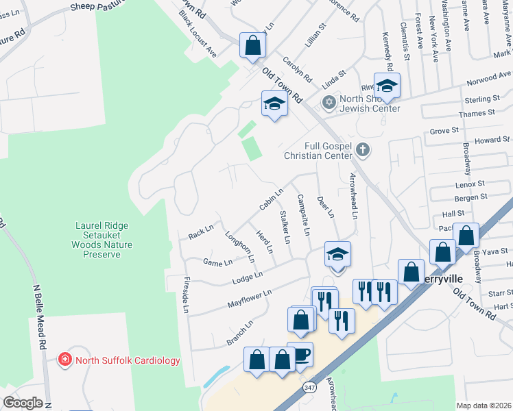 map of restaurants, bars, coffee shops, grocery stores, and more near 11 Cabin Lane in Setauket- East Setauket