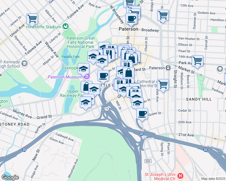 map of restaurants, bars, coffee shops, grocery stores, and more near 107 Mill Street in Paterson