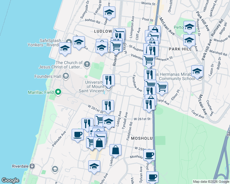 map of restaurants, bars, coffee shops, grocery stores, and more near 453 West 263rd Street in The Bronx