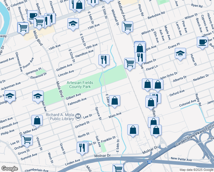 map of restaurants, bars, coffee shops, grocery stores, and more near 237 East 54th Street in Elmwood Park