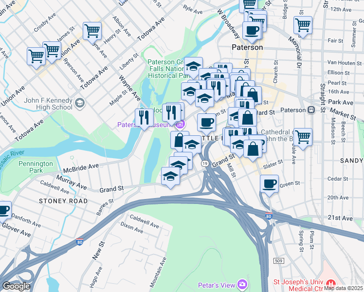 map of restaurants, bars, coffee shops, grocery stores, and more near 101 Oliver Street in Paterson
