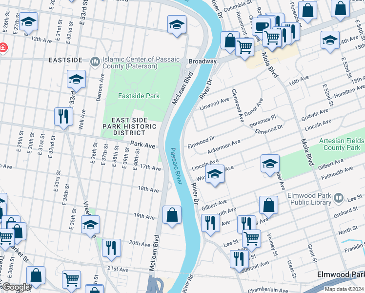 map of restaurants, bars, coffee shops, grocery stores, and more near River Dr & Elmwood Dr in Elmwood Park