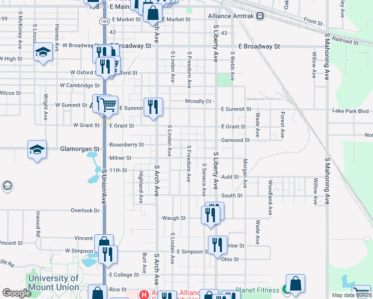 map of restaurants, bars, coffee shops, grocery stores, and more near 935 South Freedom Avenue in Alliance