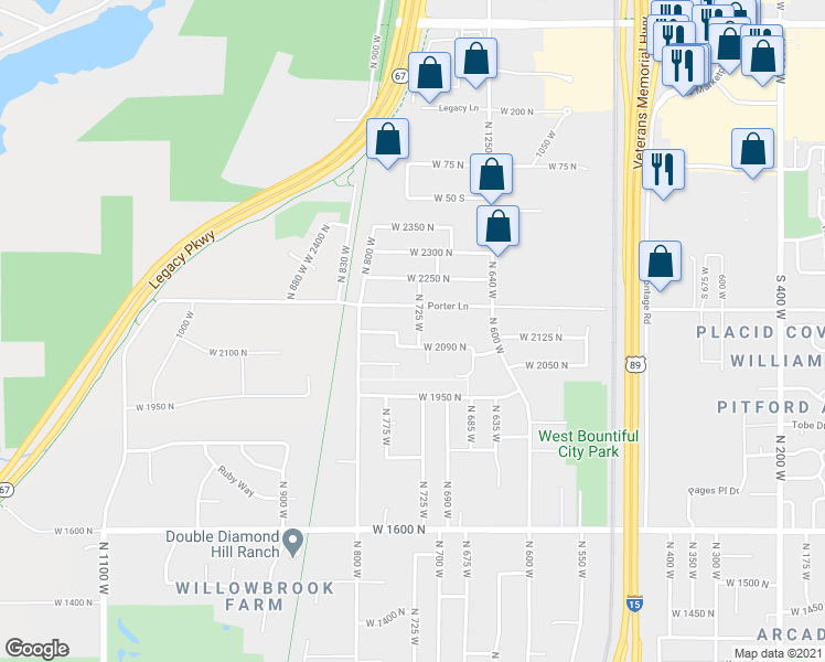 map of restaurants, bars, coffee shops, grocery stores, and more near 2141 North 725 West in West Bountiful