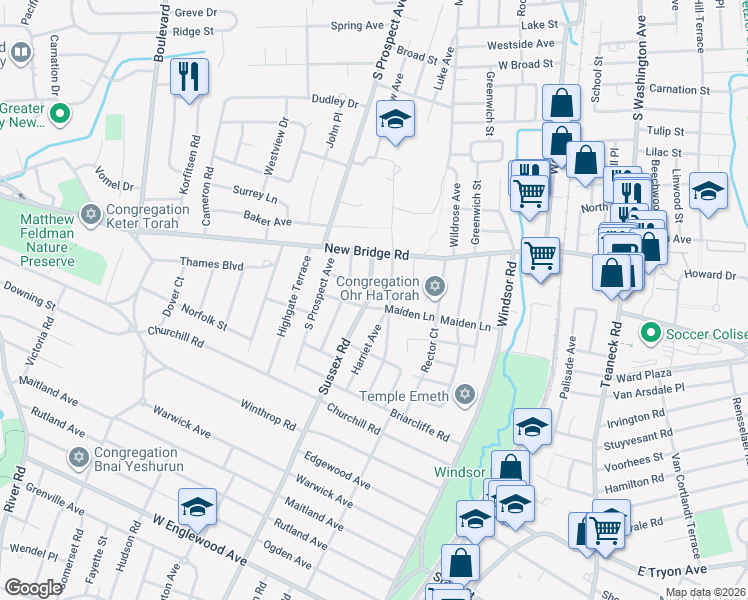 map of restaurants, bars, coffee shops, grocery stores, and more near 55 Sussex Road in Bergenfield