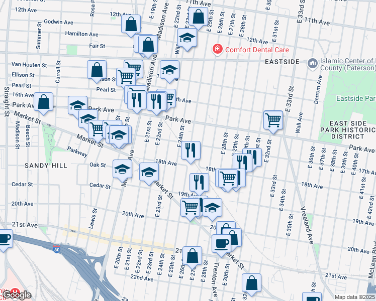 map of restaurants, bars, coffee shops, grocery stores, and more near 794 E 25th St in Paterson