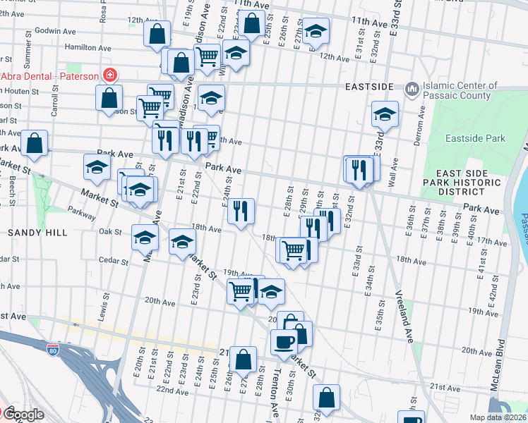 map of restaurants, bars, coffee shops, grocery stores, and more near 196 17th Avenue in Paterson