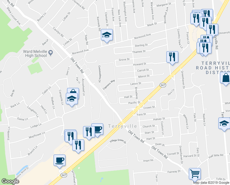 map of restaurants, bars, coffee shops, grocery stores, and more near 20 Commodore Circle in Port Jefferson Station