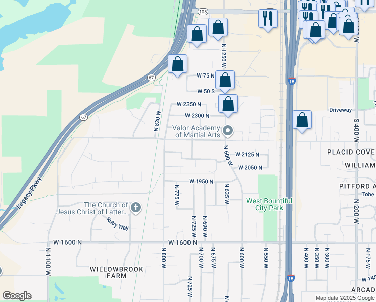 map of restaurants, bars, coffee shops, grocery stores, and more near 2141 North 725 West in West Bountiful