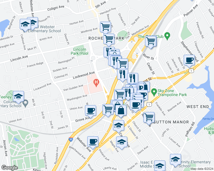 map of restaurants, bars, coffee shops, grocery stores, and more near 32 Burling Lane in New Rochelle