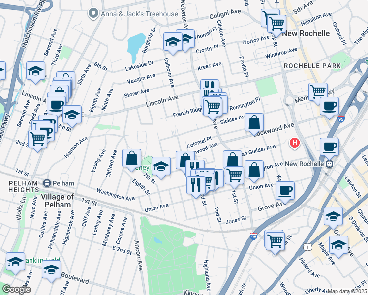 map of restaurants, bars, coffee shops, grocery stores, and more near 138 Colonial Place in New Rochelle