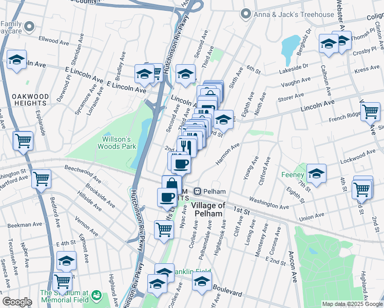 map of restaurants, bars, coffee shops, grocery stores, and more near 108 Fifth Avenue in Village of Pelham