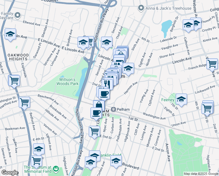 map of restaurants, bars, coffee shops, grocery stores, and more near 108 Fifth Avenue in Village of Pelham