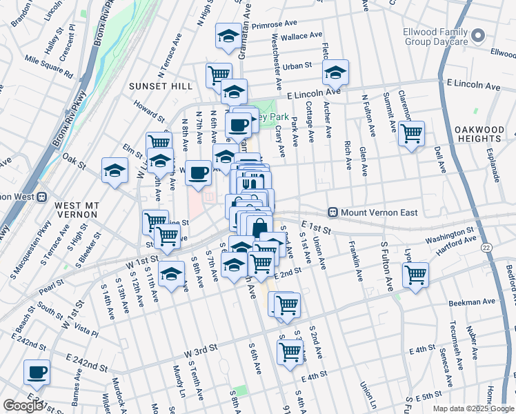 map of restaurants, bars, coffee shops, grocery stores, and more near 6 North 3rd Avenue in Mount Vernon