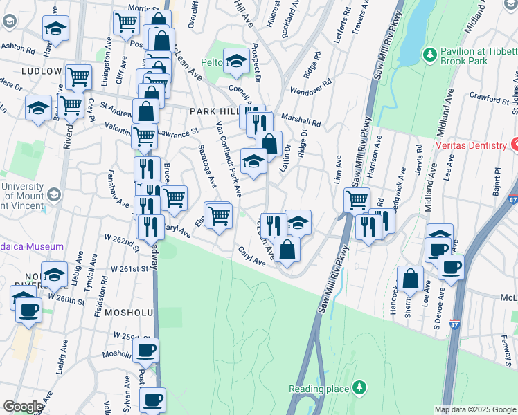 map of restaurants, bars, coffee shops, grocery stores, and more near 233 McLean Avenue in Yonkers
