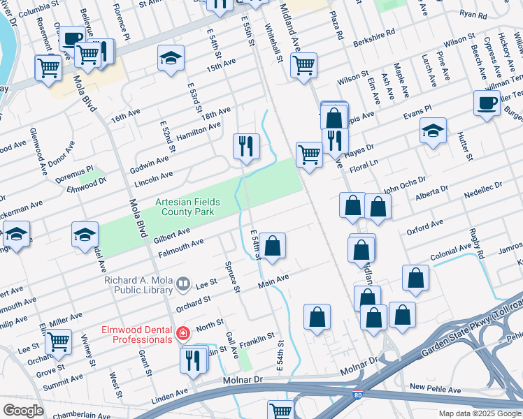 map of restaurants, bars, coffee shops, grocery stores, and more near 385 Falmouth Avenue in Elmwood Park