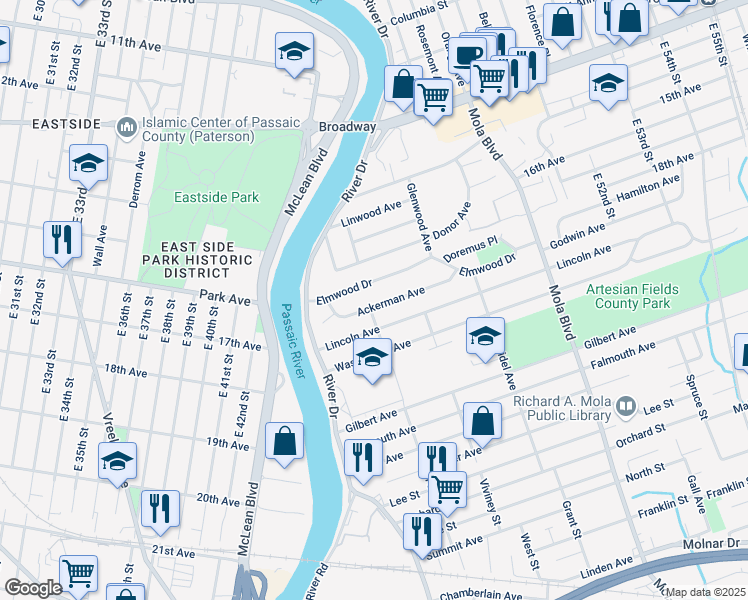 map of restaurants, bars, coffee shops, grocery stores, and more near 37 Ackerman Avenue in Elmwood Park