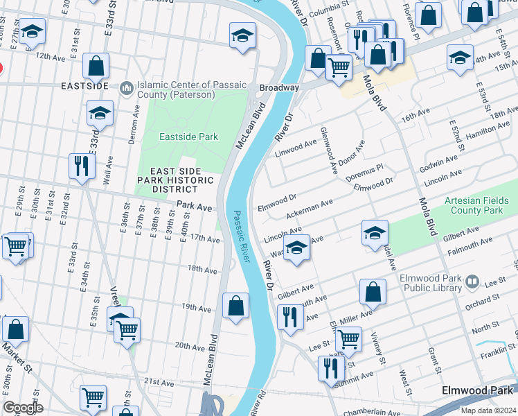map of restaurants, bars, coffee shops, grocery stores, and more near 15 Elmwood Drive in Elmwood Park