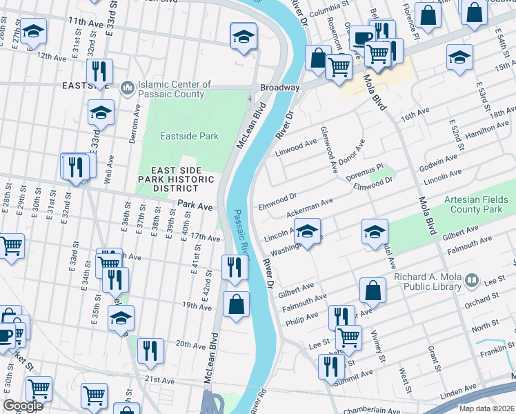 map of restaurants, bars, coffee shops, grocery stores, and more near 15 Elmwood Drive in Elmwood Park