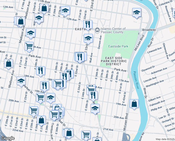 map of restaurants, bars, coffee shops, grocery stores, and more near 315 East 34th Street in Paterson