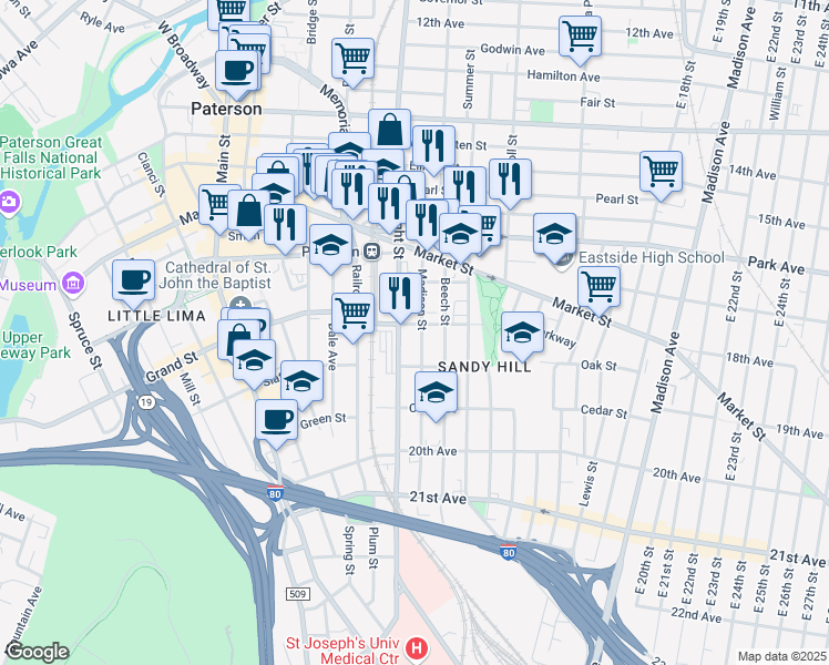 map of restaurants, bars, coffee shops, grocery stores, and more near 343 Straight Street in Paterson