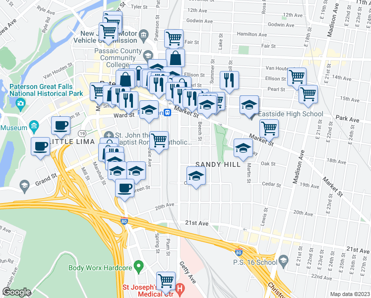 map of restaurants, bars, coffee shops, grocery stores, and more near 343 Straight Street in Paterson