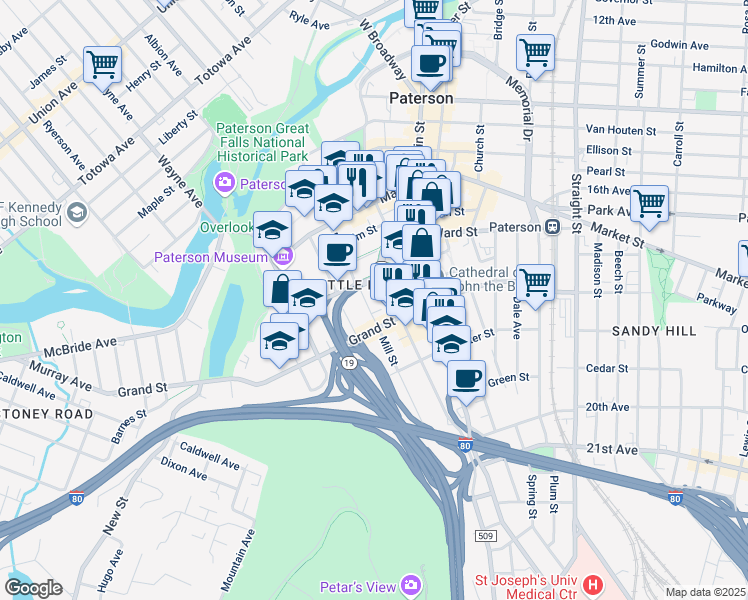 map of restaurants, bars, coffee shops, grocery stores, and more near 107 Mill Street in Paterson