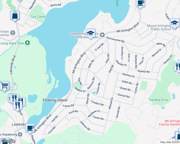 map of restaurants, bars, coffee shops, grocery stores, and more near 533 Wills Road in Roxbury Township