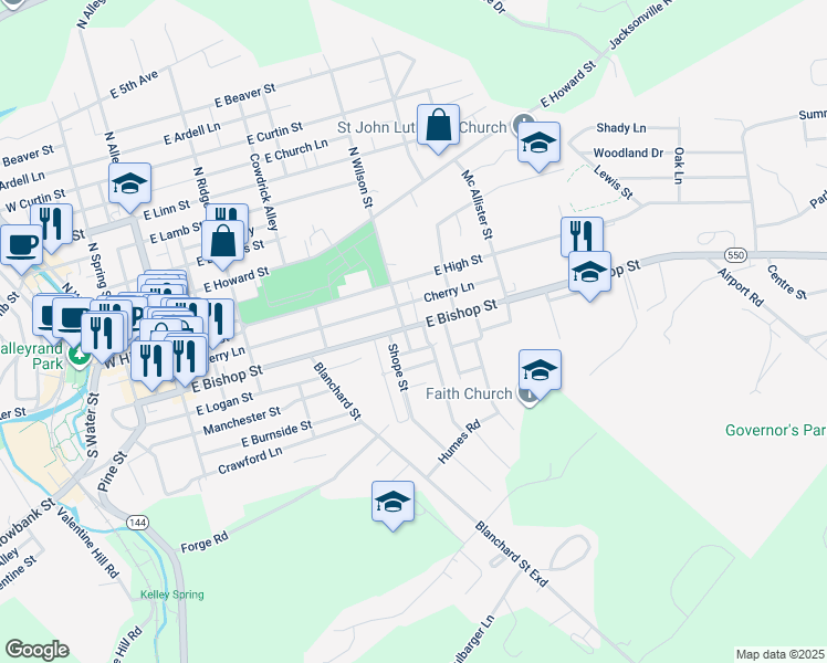 map of restaurants, bars, coffee shops, grocery stores, and more near 608 East Bishop Street in Bellefonte