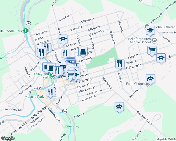 map of restaurants, bars, coffee shops, grocery stores, and more near 107 South Ridge Street in Bellefonte